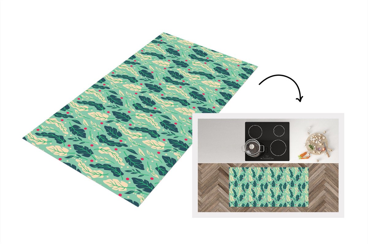 KitchenYeah Keukenloper - Loper keuken - Bladeren - Bes - Patroon - Winter - 120x60 cm - Keukenloper vinyl Multicolor