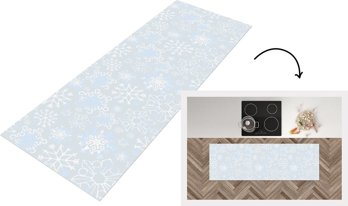 KitchenYeah Keukenloper - Loper keuken - Winter - Sneeuwvlok - Design - 180x60 cm - Keukenloper vinyl Multicolor