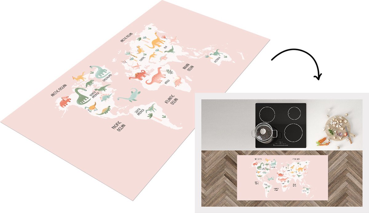 KitchenYeah Keukenloper - Loper keuken - Kinderkamer - Wereldkaart - Dino - 120x60 cm - Keukenloper vinyl Multicolor