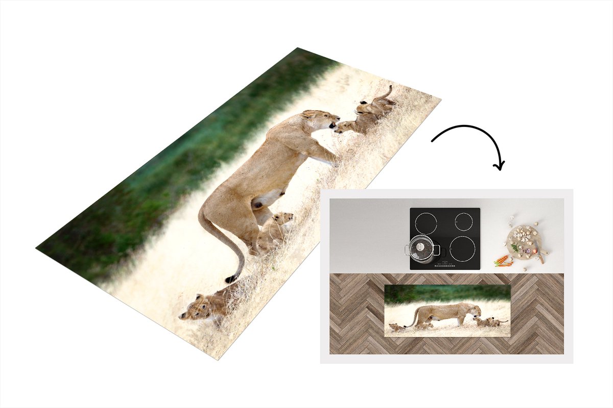 KitchenYeah Keukenloper - Loper keuken - Leeuw - Gras - Welp - Familie - 120x50 cm - Keukenloper vinyl Multicolor