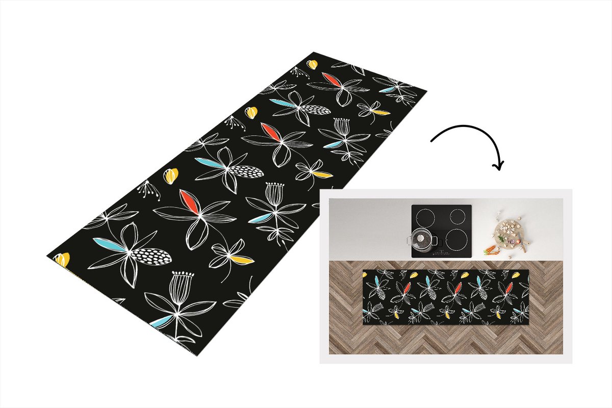 KitchenYeah Keukenloper - Loper keuken - Bloemen - Line Art - Patronen - 180x60 cm - Keukenloper vinyl Multicolor