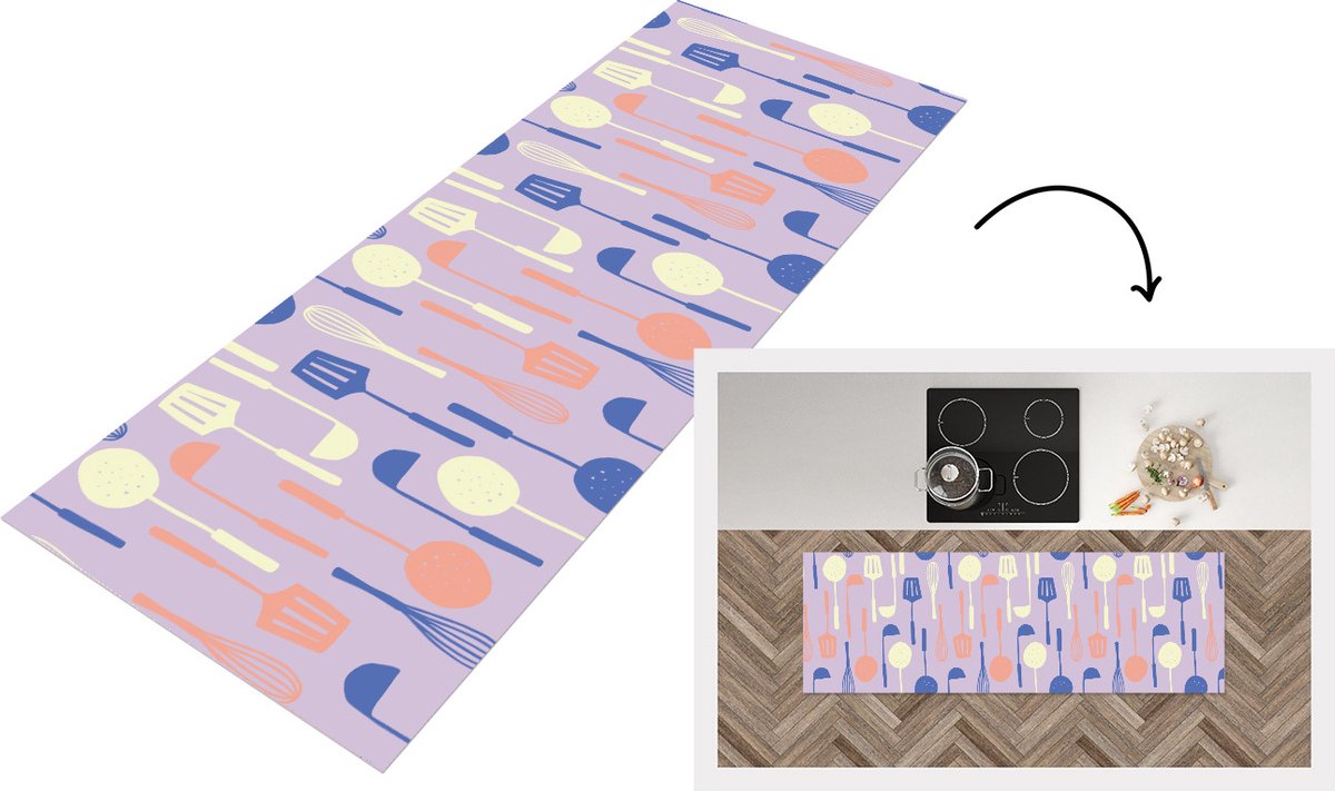 KitchenYeah Keukenloper - Loper keuken - Patronen - Keukengerei - Spatel - Garde - 150x50 cm - Keukenloper vinyl Multicolor