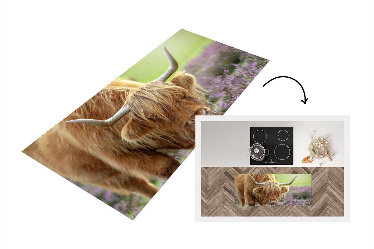 KitchenYeah Keukenloper - Loper keuken - Schotse Hooglander - Bloemen - Natuur - 120x50 cm - Keukenloper vinyl Multicolor