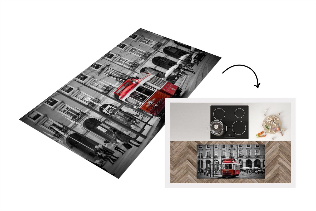 KitchenYeah Keukenloper - Loper keuken - Zwart-wit foto met een rode tram - 120x60 cm - Keukenloper vinyl Zwart; Wit