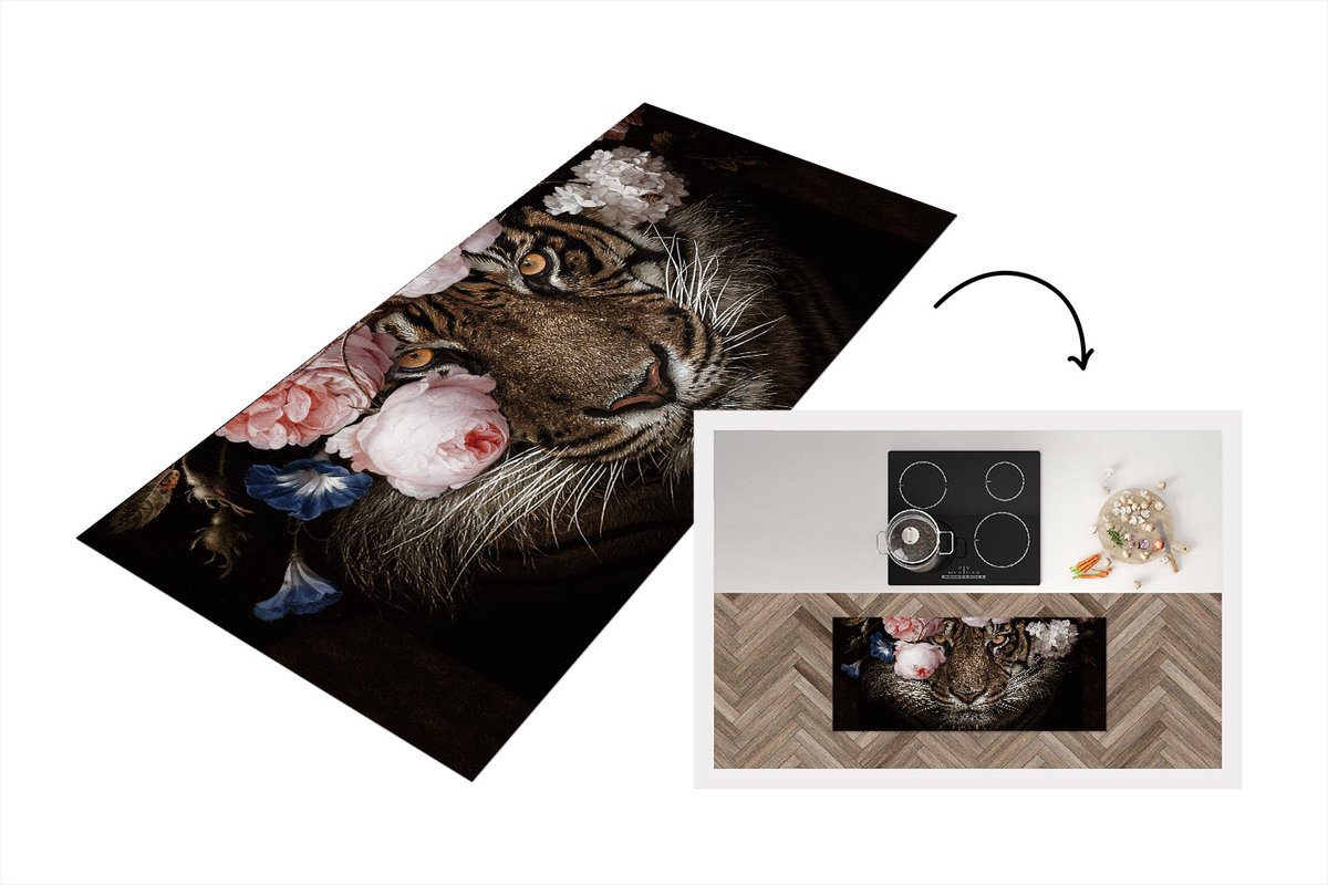 KitchenYeah Keukenloper - Loper keuken - Tijger - Bloemen - Dierenkop - 120x50 cm - Keukenloper vinyl Multicolor