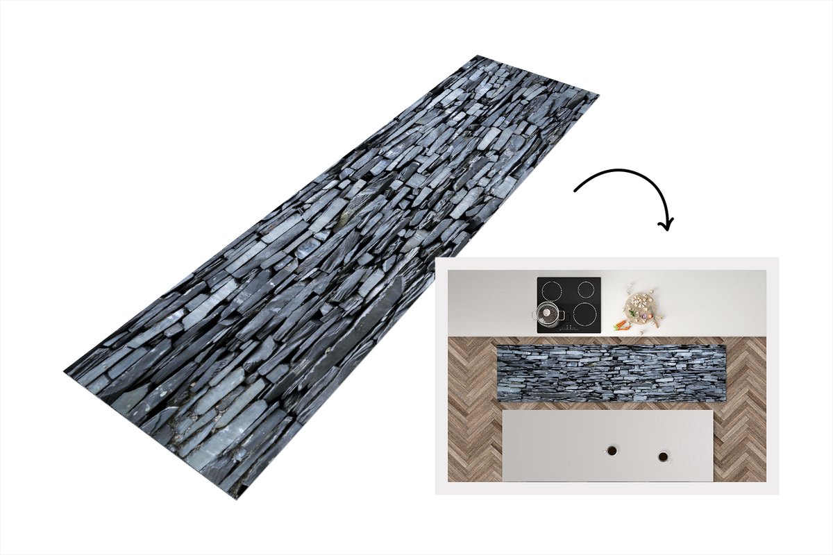 KitchenYeah Keukenloper - Loper keuken - Grijze gekleurde stenen muur - 200x50 cm - Keukenloper vinyl Multicolor