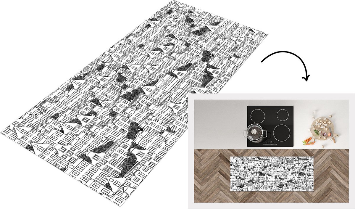 KitchenYeah Keukenloper - Loper keuken - Amsterdam - Grachtenpand - Zentangle - 120x50 cm - Keukenloper vinyl Multicolor