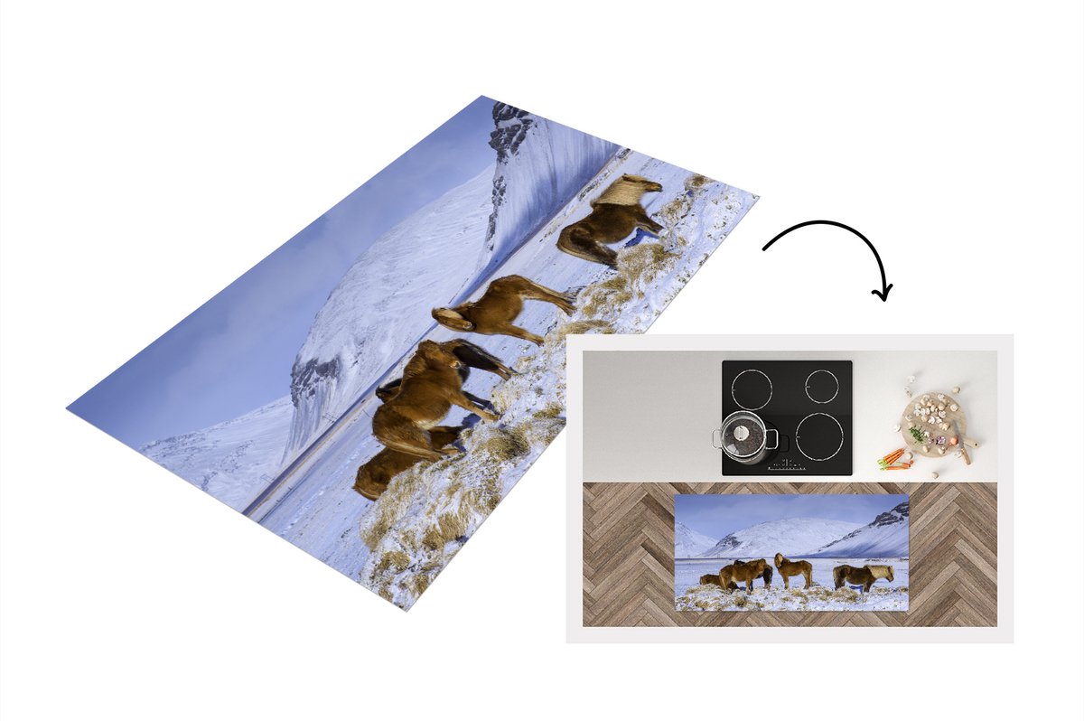 KitchenYeah Keukenloper - Loper keuken - Besneeuwde bergen met IJslander paarden - 120x60 cm - Keukenloper vinyl Multicolor
