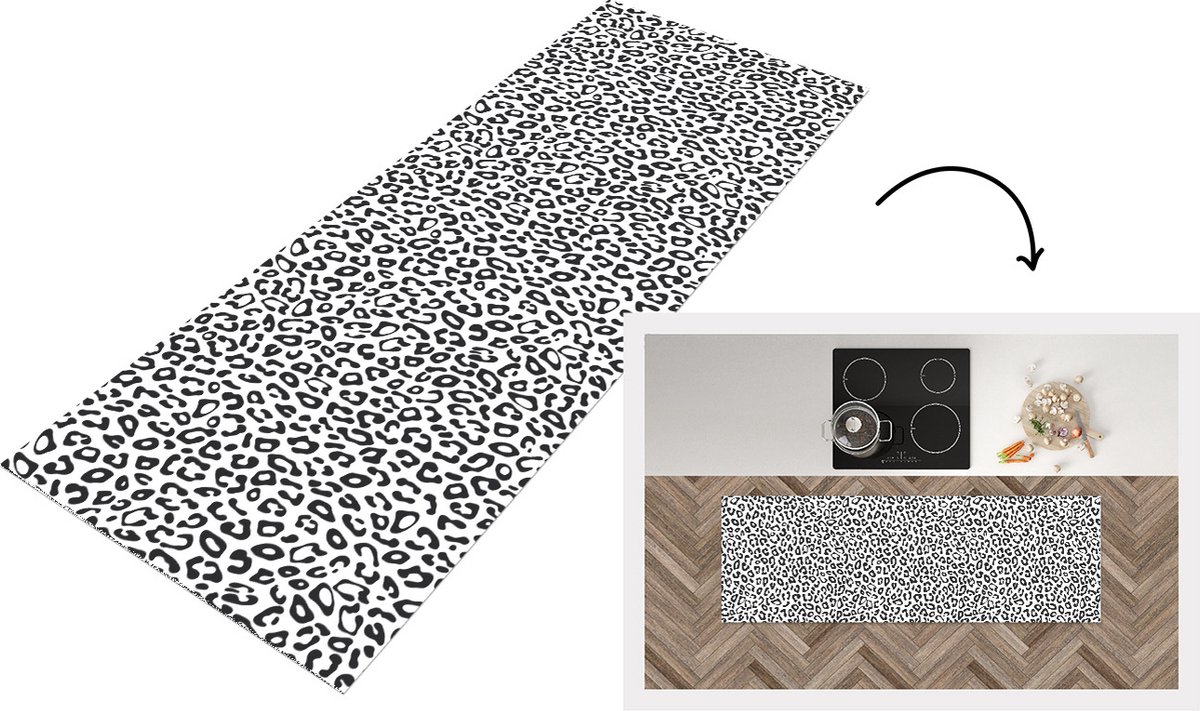 KitchenYeah Keukenloper - Loper keuken - Design - Panterprint - Zwart - Wit - Patronen - 150x50 cm - Keukenloper vinyl Multicolor