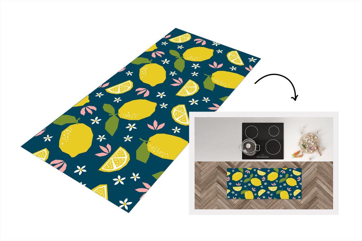 KitchenYeah Keukenloper - Loper keuken - Citroen - Patronen - Zomer - 120x50 cm - Keukenloper vinyl Multicolor