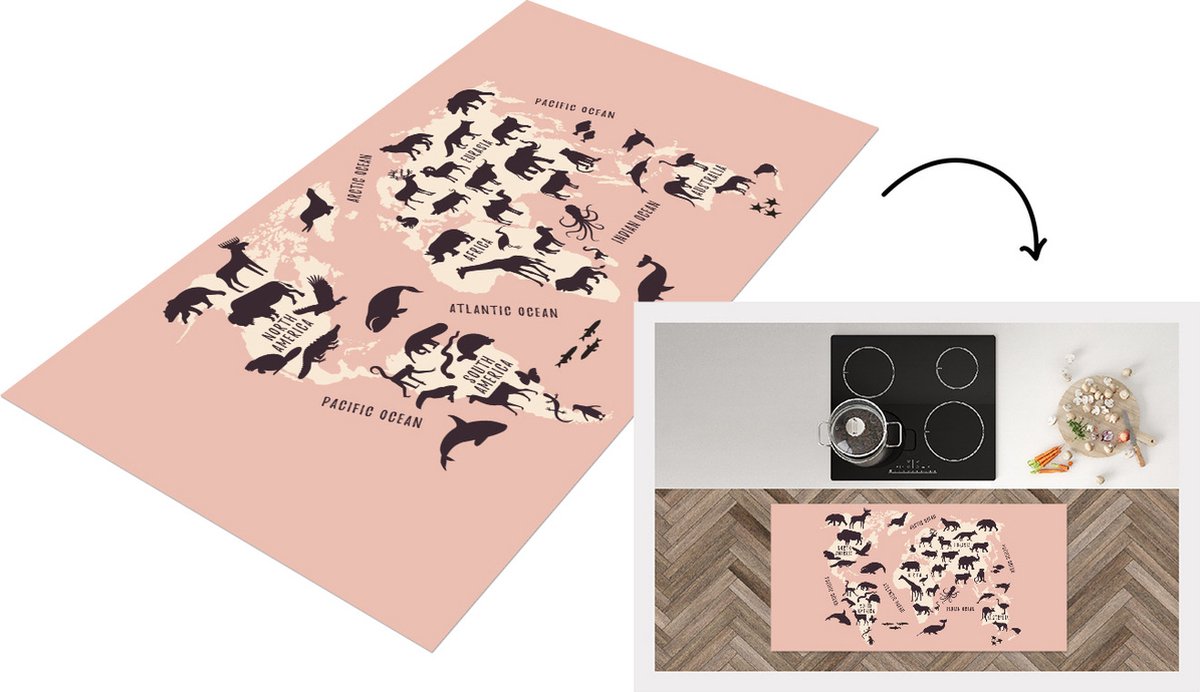 KitchenYeah Keukenloper - Loper keuken - Wereldkaart - Dier - Roze - Keukenloper vinyl, foto 2