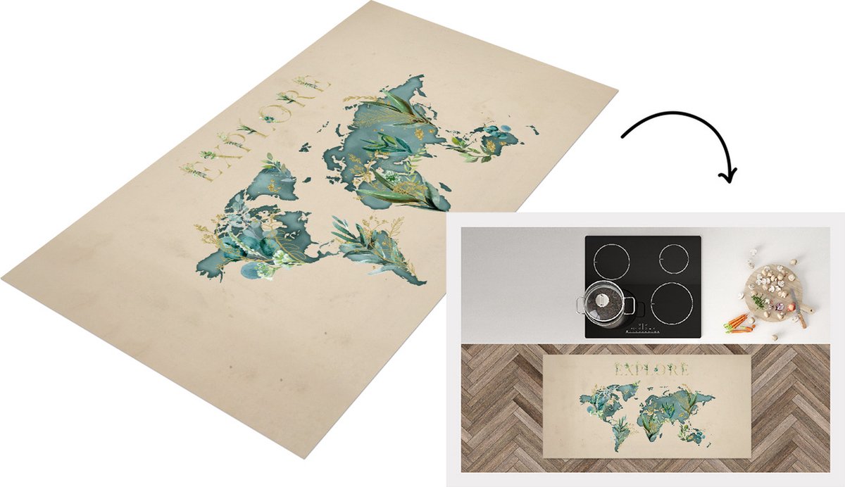 KitchenYeah Keukenloper - Loper keuken - Wereldkaart - Planten - Water - 120x60 cm - Keukenloper vinyl Multicolor