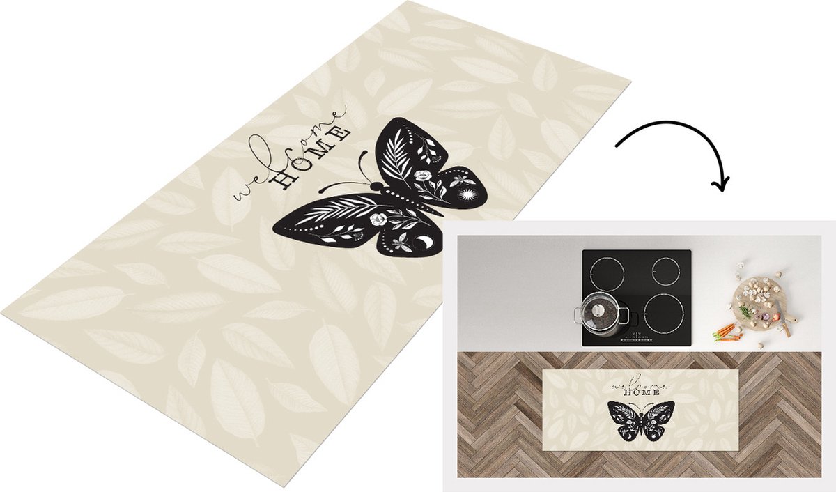 KitchenYeah Keukenloper - Loper keuken - Welkom Thuis - Vlinder - Bloemen - 120x50 cm - Keukenloper vinyl Multicolor