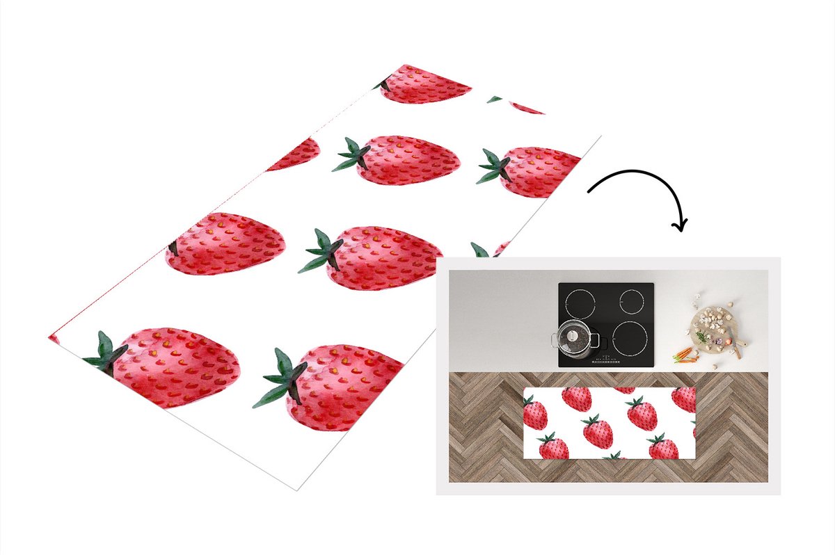 KitchenYeah Keukenloper - Loper keuken - Aardbei - Aquarel - Wit - 120x50 cm - Keukenloper vinyl Multicolor