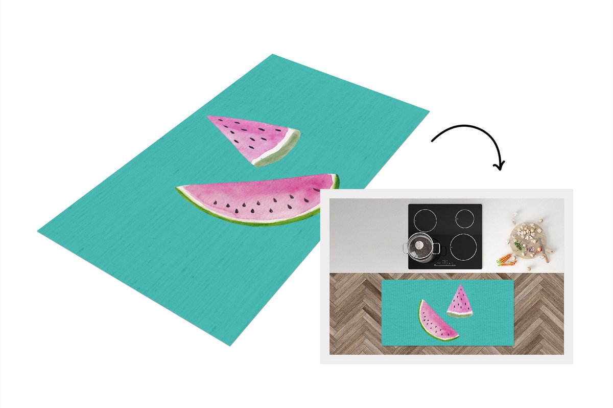 KitchenYeah Keukenloper - Loper keuken - Meloen - Waterverf - Blauw - 120x60 cm - Keukenloper vinyl Multicolor