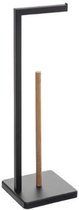 Staande wc/toiletrolhouder met reservoir zwart 64,5 cm van verchroomd metaal/bamboe - Wc-rol houder - Toiletrol houder