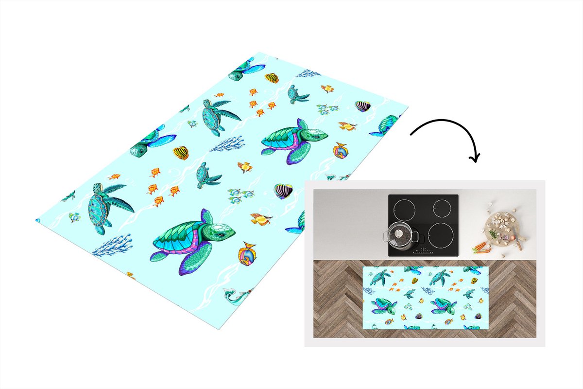 KitchenYeah Keukenloper - Loper keuken - Regenboog - Schildpad - Vis - Water - Patronen - 120x60 cm - Keukenloper vinyl Multicolor
