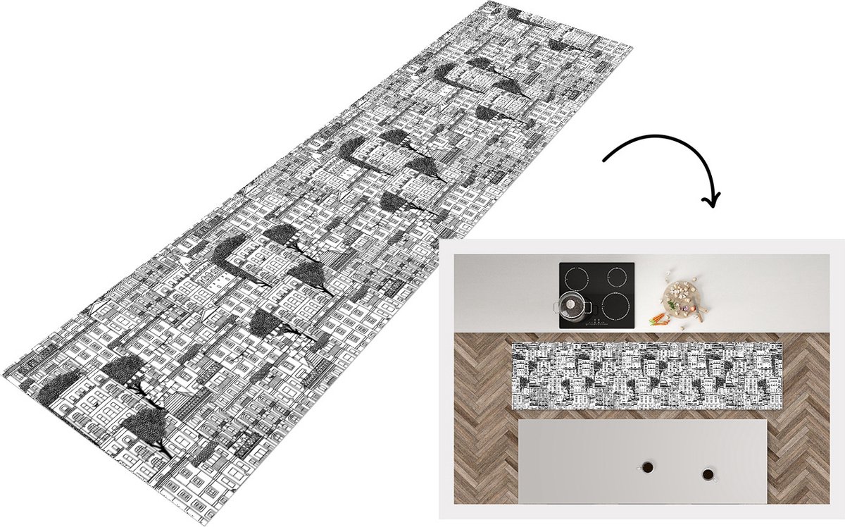 KitchenYeah Keukenloper - Loper keuken - Patroon - Huizen - Steden - 240x60 cm - Keukenloper vinyl Multicolor