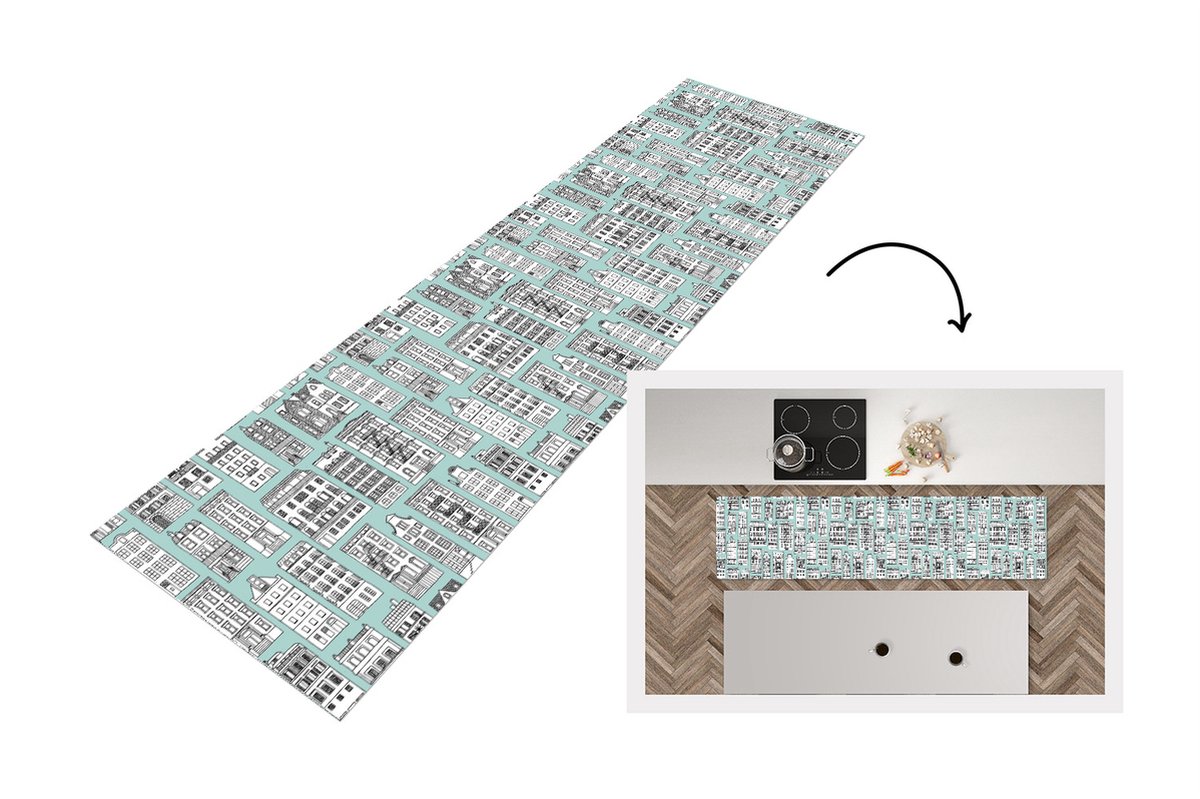 KitchenYeah Keukenloper - Loper keuken - Patronen - Huizen - Scandinavisch - 200x50 cm - Keukenloper vinyl Multicolor