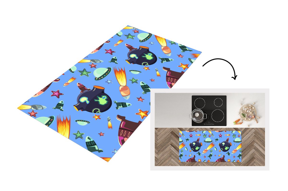 KitchenYeah Keukenloper - Loper keuken - Ruimte - Regenboog - Ufo - Raket - Design - 120x60 cm - Keukenloper vinyl Multicolor