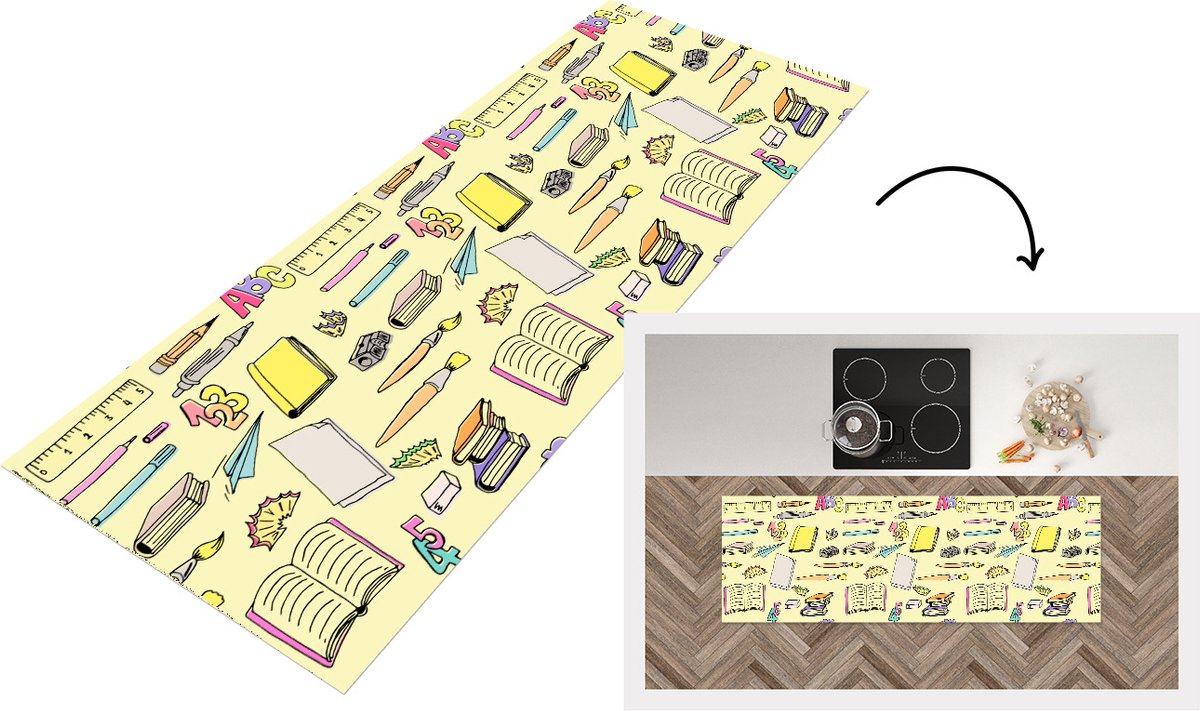 KitchenYeah Keukenloper - Loper keuken - School - Patronen - Potlood - 180x60 cm - Keukenloper vinyl Multicolor