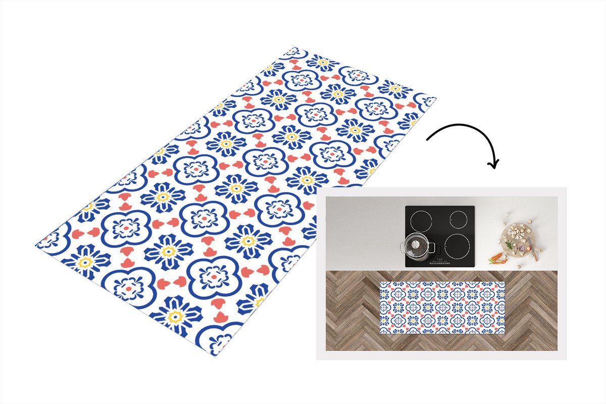 KitchenYeah Keukenloper - Loper keuken - Bloem - Blauw - Rood - Patroon - 120x50 cm - Keukenloper vinyl Multicolor