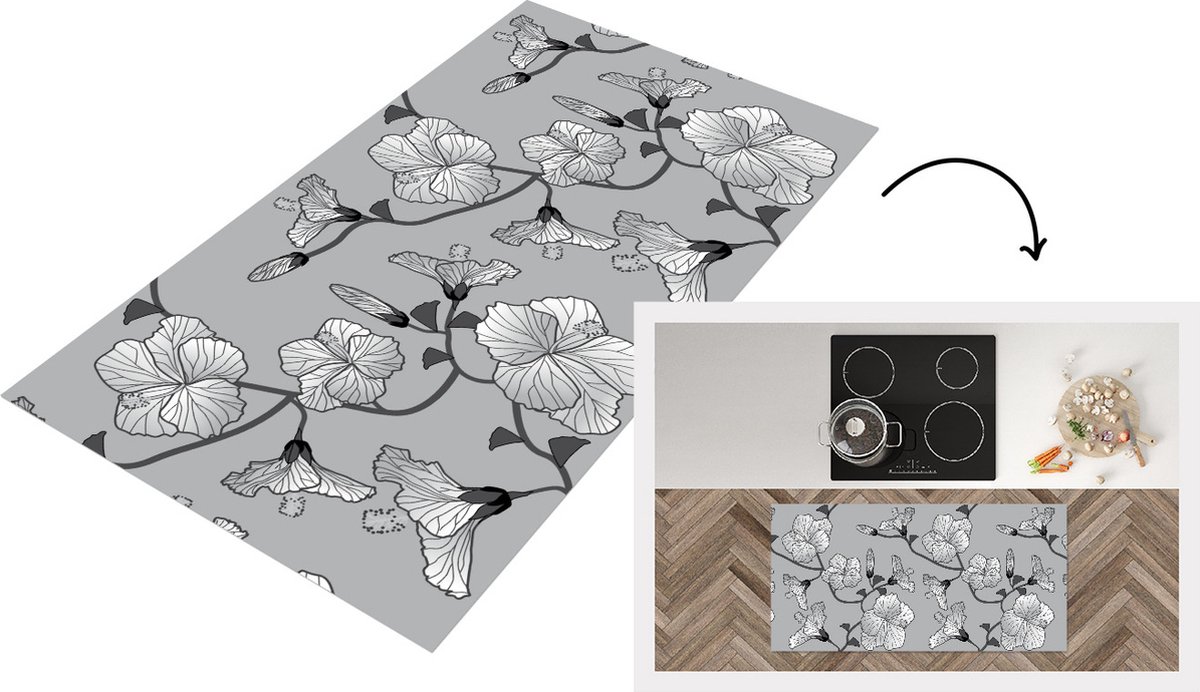 KitchenYeah Keukenloper - Loper keuken - Hibiscus - Grijs - Tropisch - Patroon - Keukenloper vinyl, foto 4