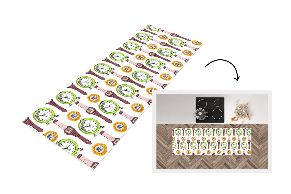 KitchenYeah Keukenloper - Loper keuken - Wekker - Horloges - Stopwatch - Patronen - 150x50 cm - Keukenloper vinyl Multicolor