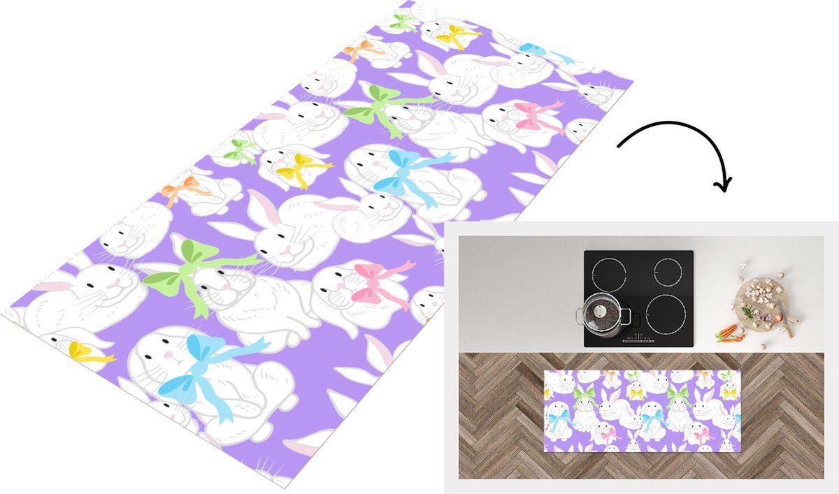 KitchenYeah Keukenloper - Loper keuken - Patronen - Konijn - Paars - Lente - 120x50 cm - Keukenloper vinyl Multicolor
