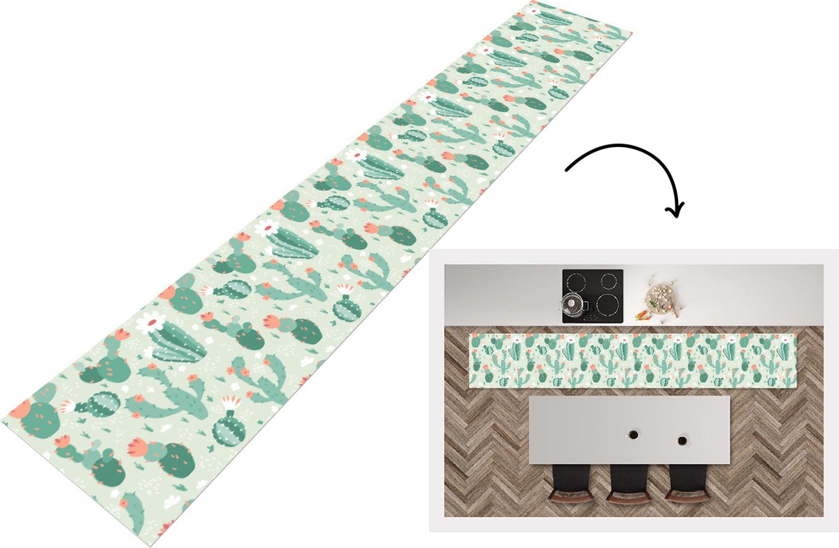 KitchenYeah Keukenloper - Loper keuken - Cactus - Patronen - Bloem - 300x50 cm - Keukenloper vinyl Multicolor