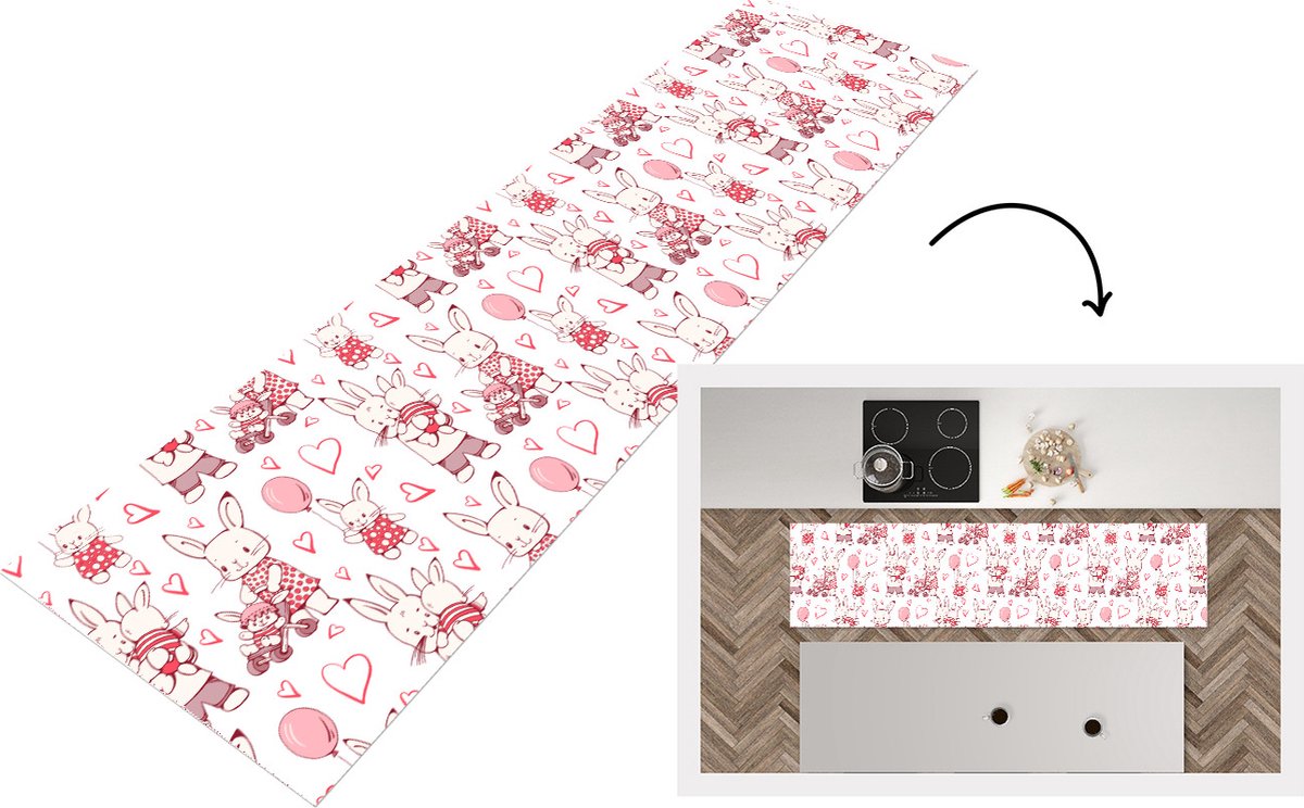 KitchenYeah Keukenloper - Loper keuken - Konijnen - Liefde - Patronen - 240x60 cm - Keukenloper vinyl Multicolor