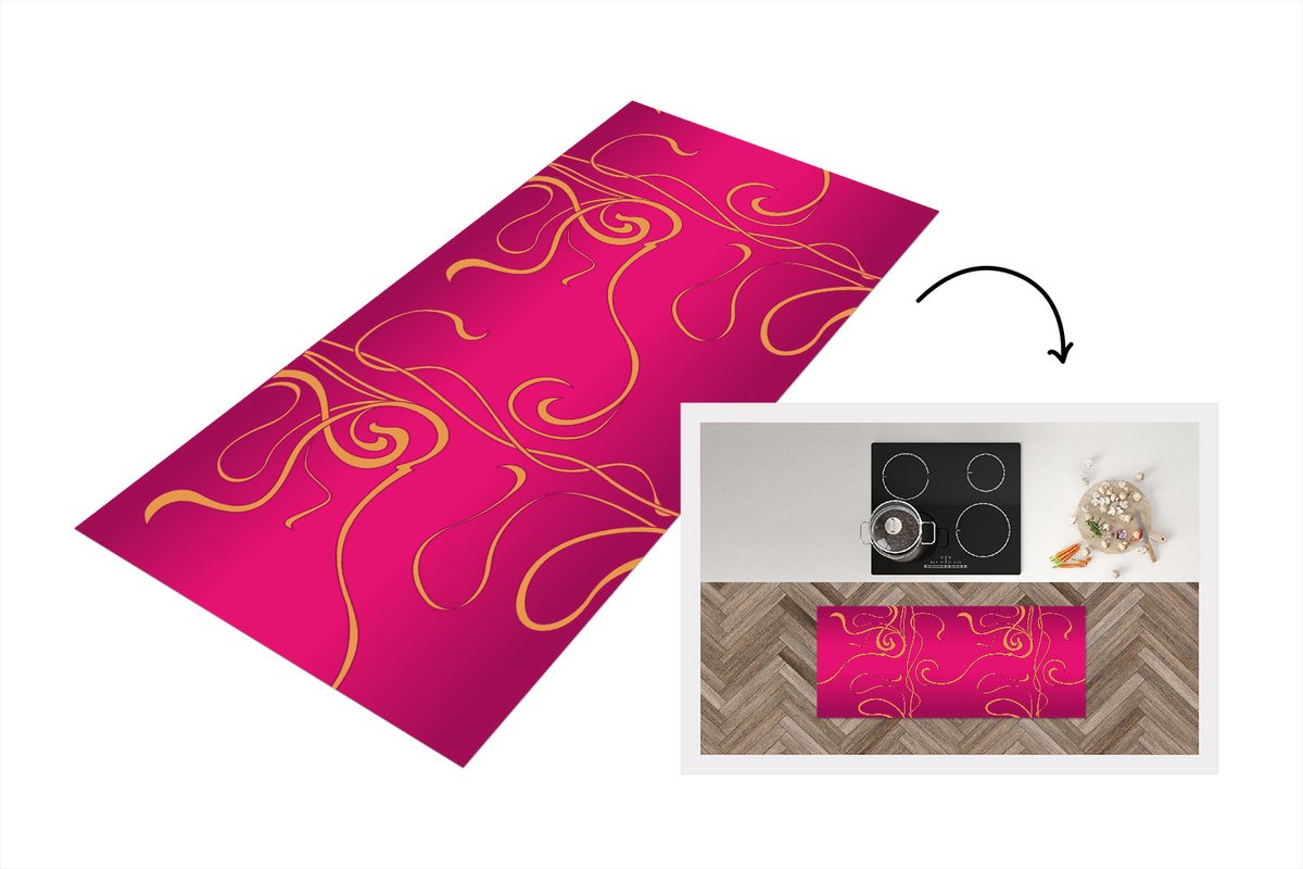 KitchenYeah Keukenloper - Loper keuken - Art nouveau - Goud - Roze - Patronen - 120x50 cm - Keukenloper vinyl Multicolor