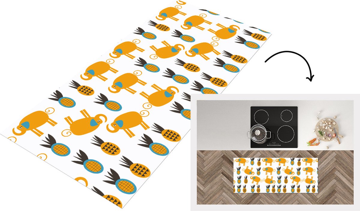 KitchenYeah Keukenloper - Loper keuken - Olifant - Ananas - Geel - Patroon - 120x50 cm - Keukenloper vinyl Multicolor
