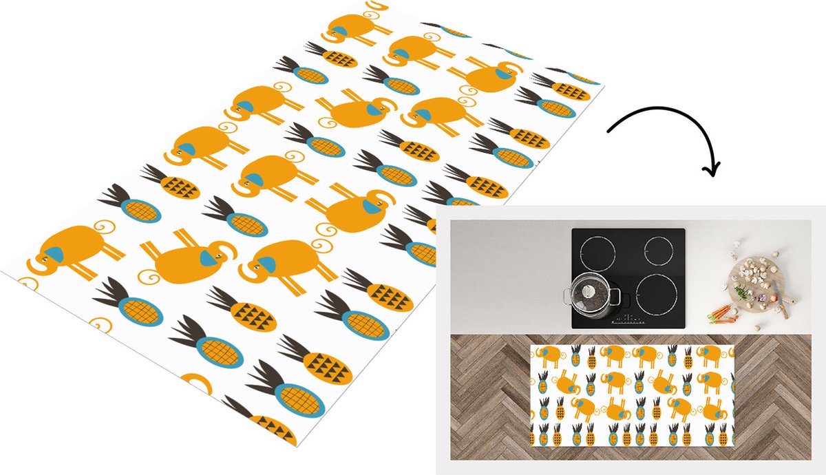 KitchenYeah Keukenloper - Loper keuken - Olifant - Ananas - Geel - Patroon - 120x60 cm - Keukenloper vinyl Multicolor