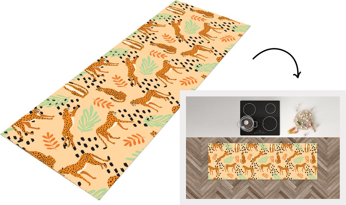 KitchenYeah Keukenloper - Loper keuken - Patroon - Jachtluipaard - Bladeren - 150x50 cm - Keukenloper vinyl Multicolor