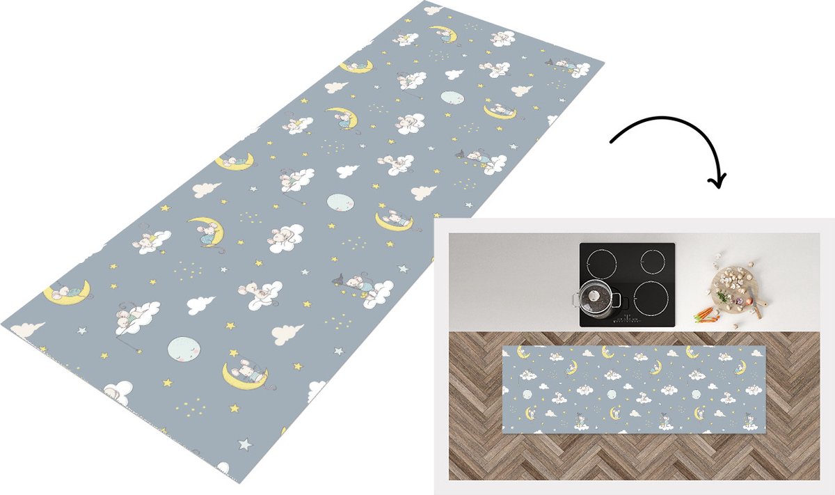 KitchenYeah Keukenloper - Loper keuken - Muis - Maan - Patronen - 150x50 cm - Keukenloper vinyl Multicolor