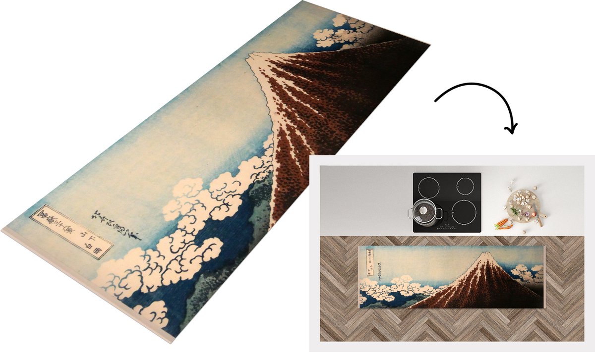 KitchenYeah Keukenloper - Loper keuken - Regenstorm onder de bergtop - schilderij van Kasushika Hokusai - 180x60 cm - Keukenloper vinyl Multicolor