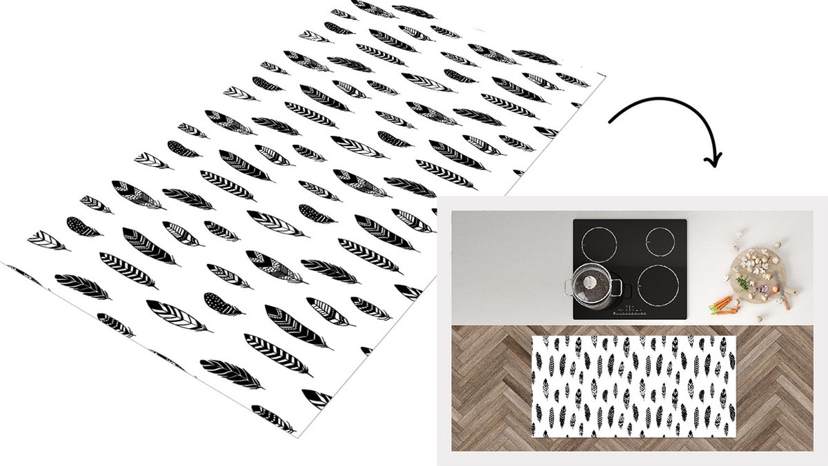 KitchenYeah Keukenloper - Loper keuken - Veren - Zwart Wit - Patroon - Vogel - 120x60 cm - Keukenloper vinyl Zwart; Wit