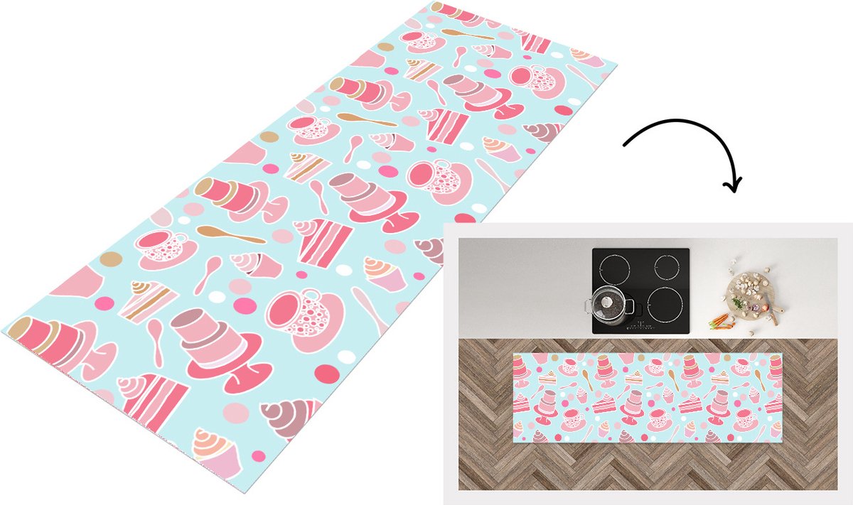 KitchenYeah Keukenloper - Loper keuken - Taart - Thee - Cupcake - Roze - Design - 180x60 cm - Keukenloper vinyl Multicolor