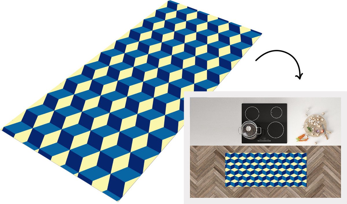 KitchenYeah Keukenloper - Loper keuken - Cube - Kubus - Patronen - 120x50 cm - Keukenloper vinyl Multicolor