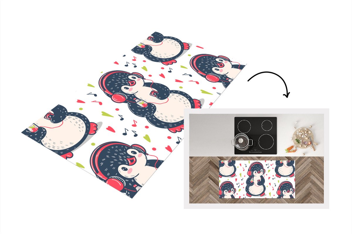 KitchenYeah Keukenloper - Loper keuken - Pinguïn - Muziek - Koptelefoon - Kinderen - Patroon - 120x60 cm - Keukenloper vinyl Multicolor