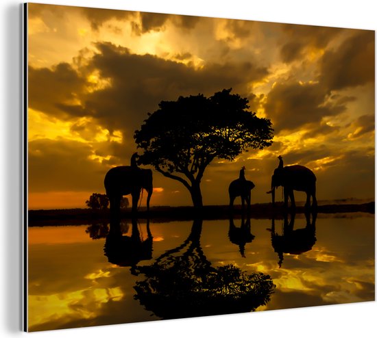 Wanddecoratie Metaal - Aluminium Schilderij Industrieel - Silhouet van Thaise olifanten tijdens zonsopgang - 180x120 cm - Dibond - Foto op aluminium - Industriële muurdecoratie - Voor de woonkamer/slaapkamer