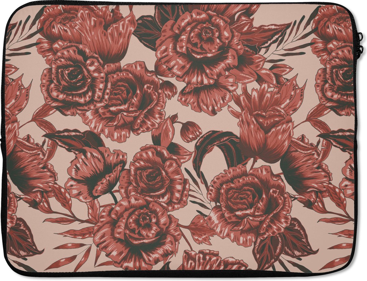 Laptophoes 15.6 inch - Roos - Patroon - Bloemen - Laptop sleeve - Binnenmaat 37x26 cm - Zwarte achterkant