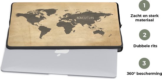 Housse pour ordinateur portable 15 pouces - Carte du Wereldkaart - Rétro - Marron - Housse pour ordinateur portable