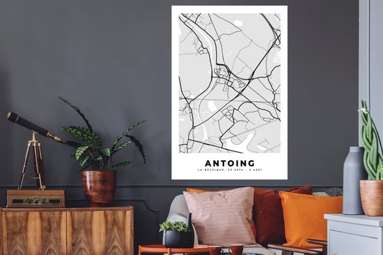 Stickers muraux - Zwart Wit - België - Carte - Plan de la ville - Carte - Antoing - 80x120 cm - Film adhésif