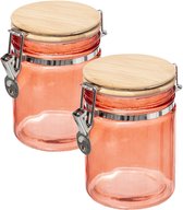 2x stuks voorraadbussen/potten 0,75L glas koraal oranje bamboe beugelsluiting - 750 ml - Voorraadpotten luchtdichte sluiting