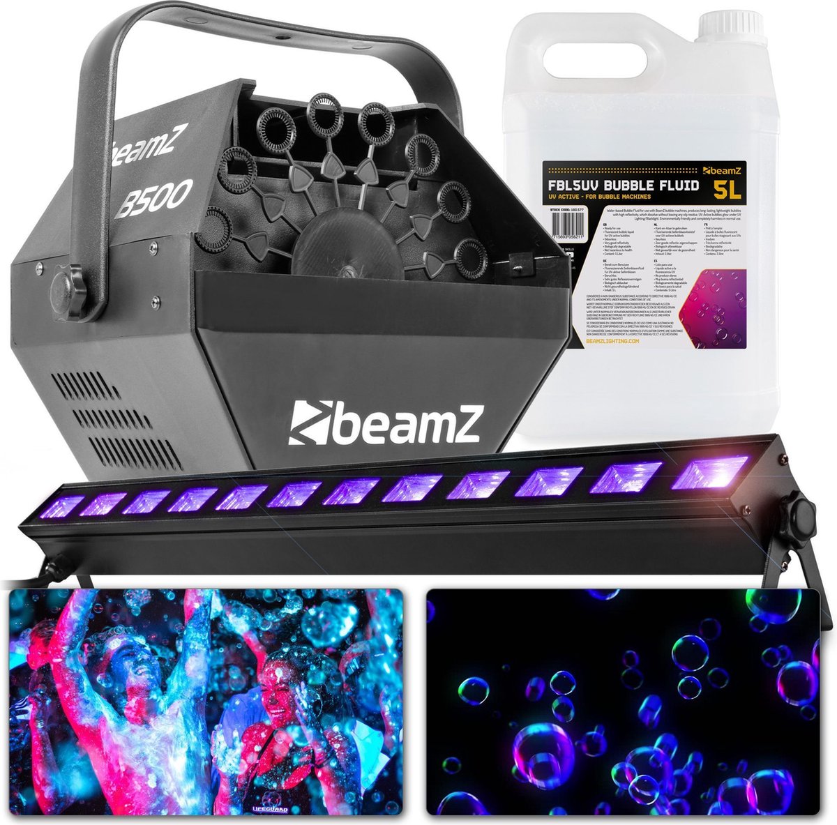 Neon party pakket - BeamZ blacklight, bellenblaasmachine en UV bellenblaasvloeistof - 