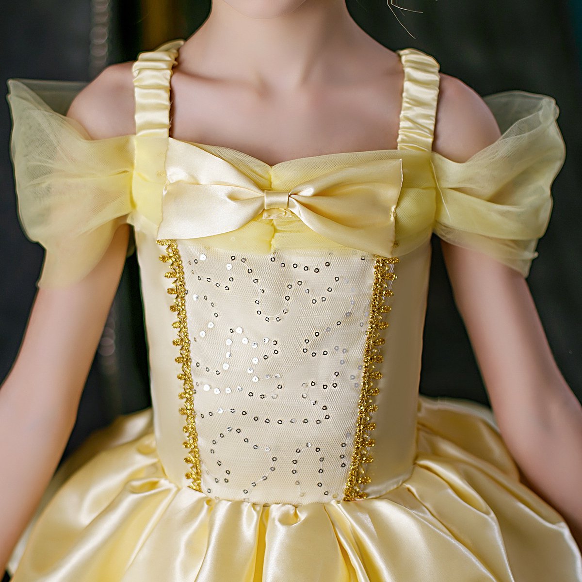 Joya Kids® Gele Verkleedjurk | Prinsessen Jurk | Prinses & het Beest verkleedkleding | (130) + kroon, Staf, Handschoenen, Ketting, Ring & Oorbellen | Sinterklaas kado cadeau meisje — afbeelding 5