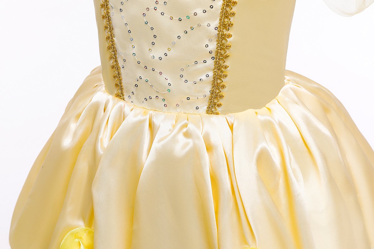 Joya Kids® Gele Verkleedjurk | Prinsessen Jurk | Prinses & het Beest verkleedkleding | (110) + kroon, Staf, Handschoenen, Ketting, Ring & Oorbellen | Cadeau meisje — afbeelding 12