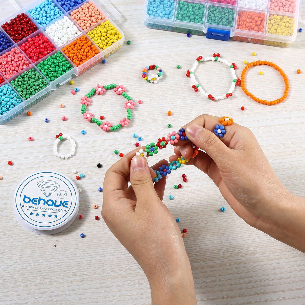 Behave 4500 Glaskralen Set - DIY Sieraden maken - Kralen Set - Rocailles - Bedels - Rijgdraad - 15 Kleuren - 4mm — afbeelding 8